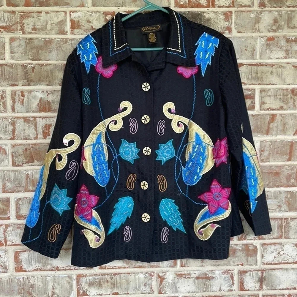 Alex Ku‎ Black Embroidered Parrots Vintage Jacket